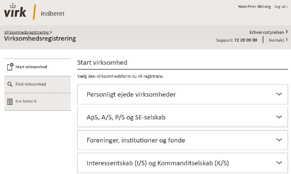 Sådan ser det ud, når man vil oprette CVR til en ny virksomhed på VIRK.dk